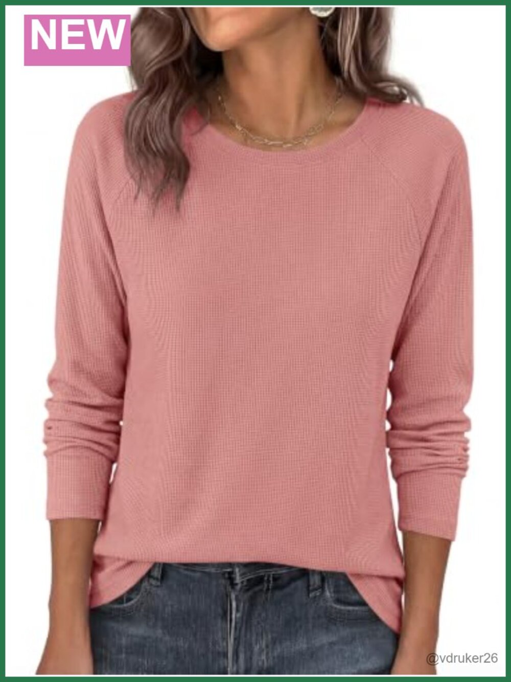 Waffle Knit Long Sleeve Crewneck Tunic Top Casual Fall Pullover